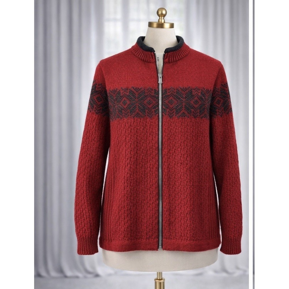 New Susan Fosse Cardigan Aluoen‎ Norway Wool Full Zip Sweater Red Black Small